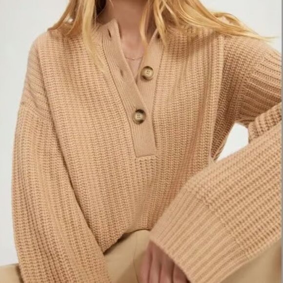 Something Navy Sweater Wool Cashmere Blend Knit Camel Beige Henley size XL - Picture 1 of 9